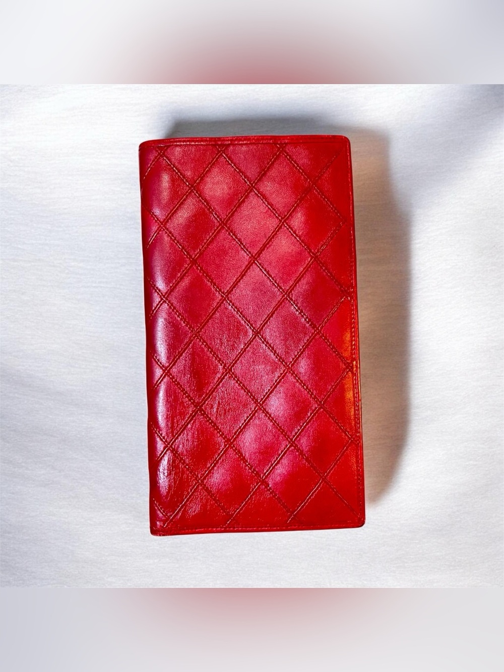 AUTH CHANEL Red Diamond Quilted Stitched Bifold Long Wallet S2 AUTHENTIC
